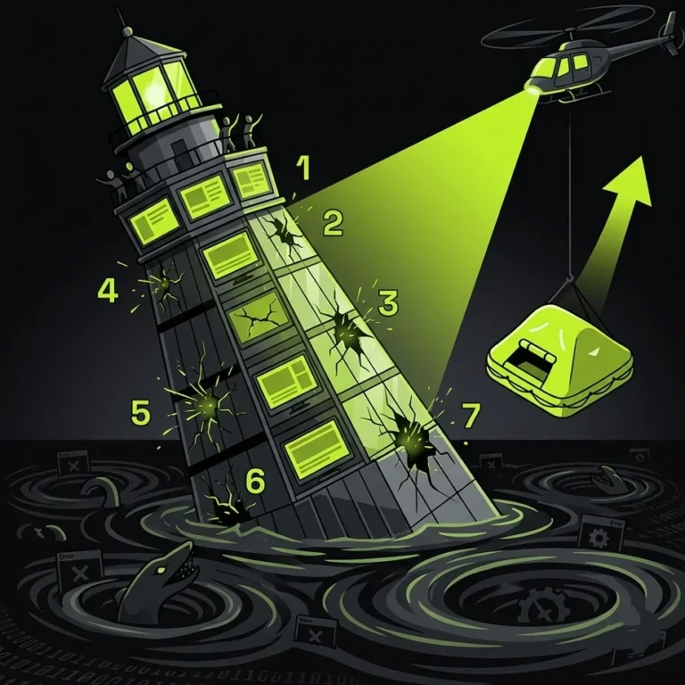 A conceptual illustration in shades of black and green showing a cracked lighthouse sinking into the sea, representing the seven most common SEO mistakes that affect a website’s search engine ranking.