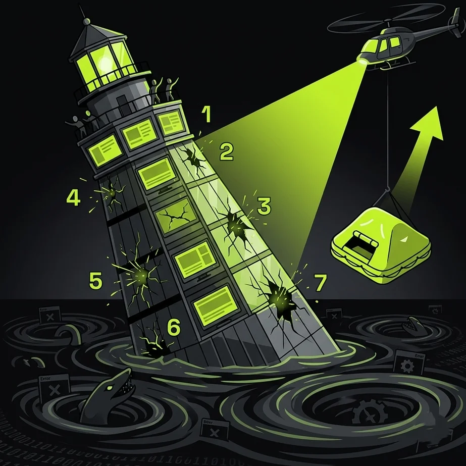 Ilustración conceptual en tonos negros y verdes que muestra un faro agrietado hundiéndose en el mar, representando los 7 errores de SEO más comunes que afectan el posicionamiento de una página web.