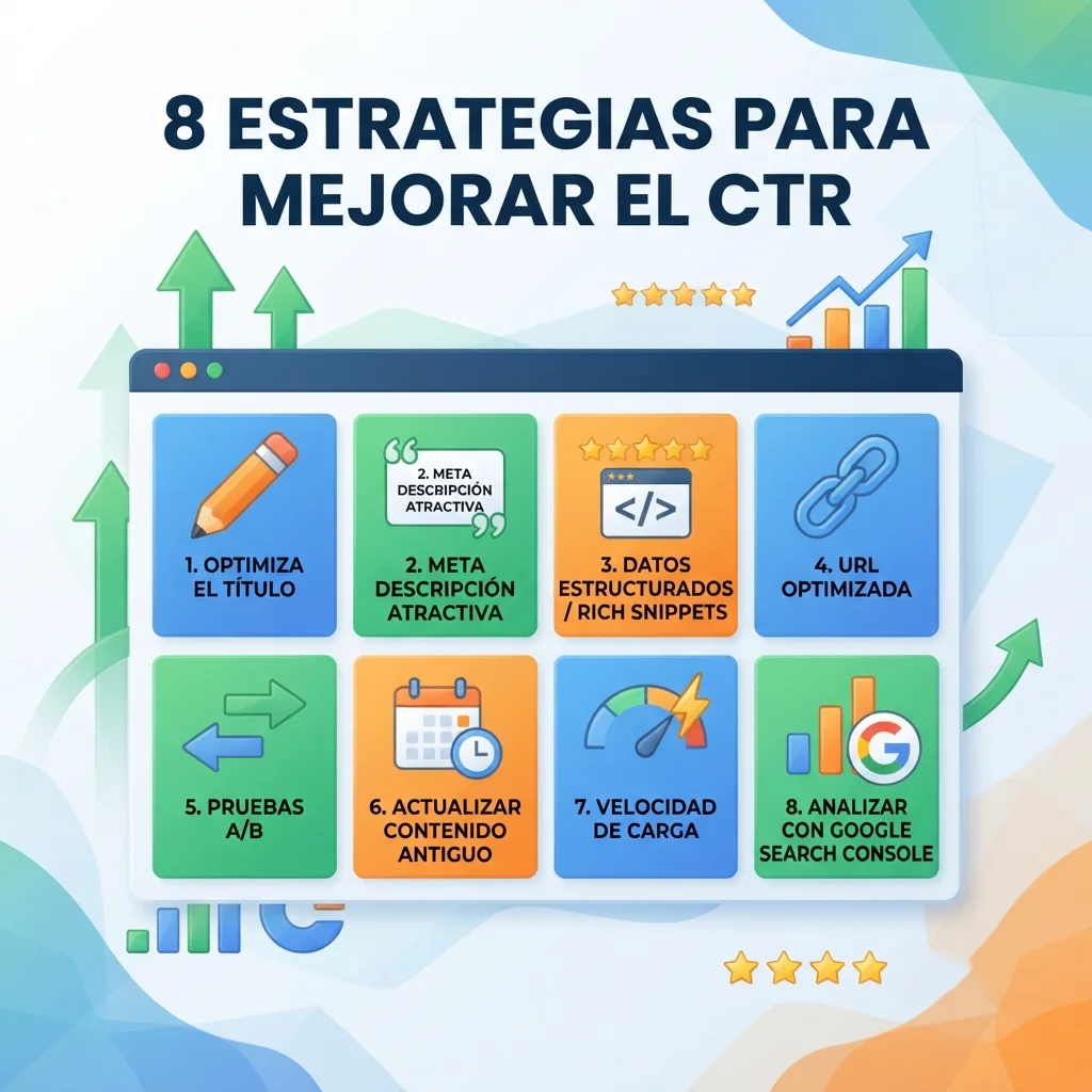 8 estrategias para mejorar el CTR en Google: optimiza títulos, descripciones, usa rich snippets y analiza tus datos
