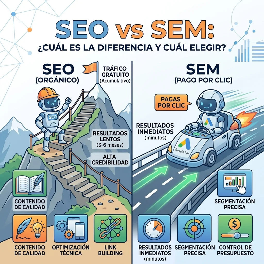 Infografía comparativa entre SEO y SEM: SEO ofrece tráfico gratuito, resultados a largo plazo, alta credibilidad y requiere contenido de calidad, optimización técnica y link building. SEM ofrece pago por clic, resultados inmediatos, segmentación precisa y control de presupuesto.