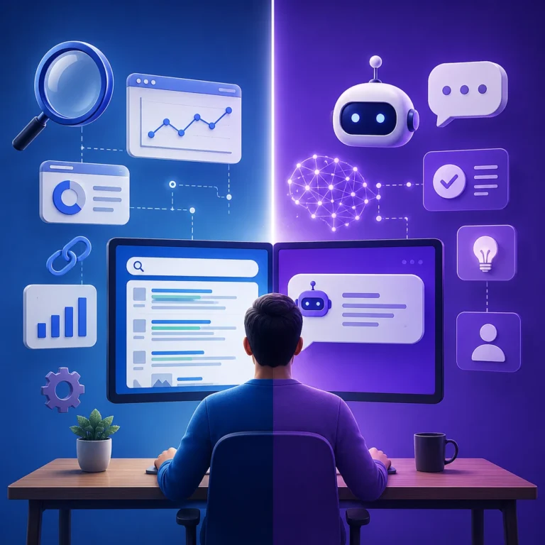 Cover image illustrating the differences between SEO and GEO