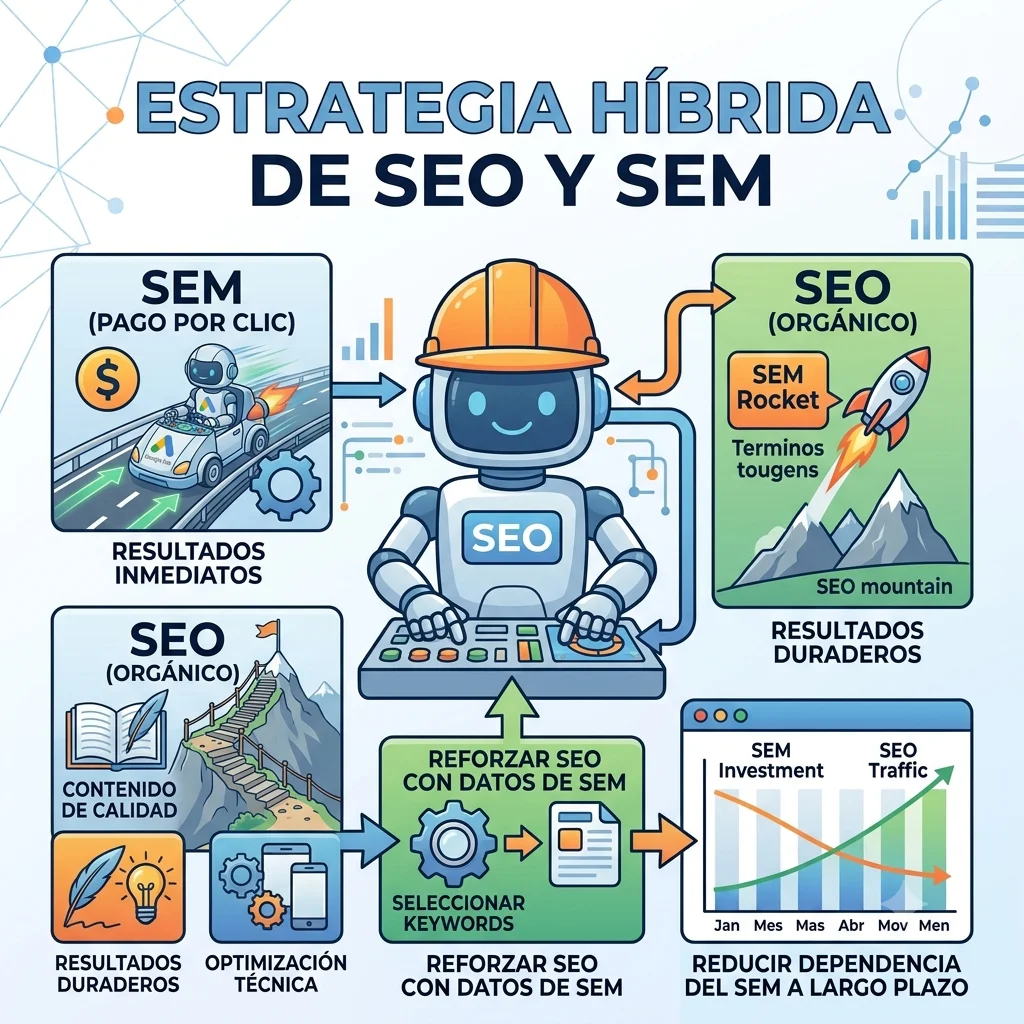 Diagrama de estrategia híbrida SEO y SEM: combina el pago por clic (SEM) para resultados inmediatos con el posicionamiento orgánico (SEO) para resultados duraderos. El SEM permite testear keywords, el SEO refuerza la autoridad con datos de SEM, y a largo plazo se reduce la dependencia de la publicidad de pago.