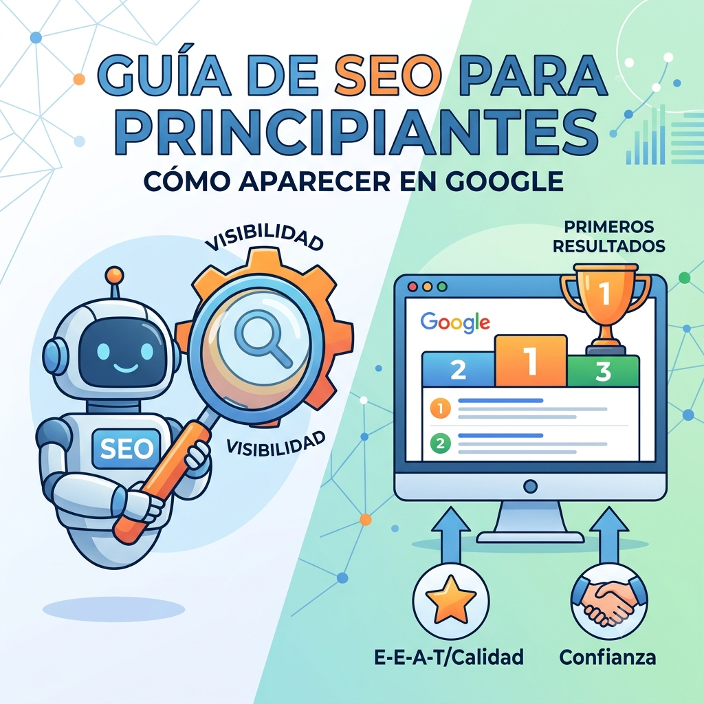Guía de SEO para principiantes que muestra cómo aparecer en los primeros resultados de Google. Representación de la posición número 1 con E-E-A-T (Experiencia, Conocimiento, Autoridad y Confianza) y calidad como factores clave para posicionar en buscadores.