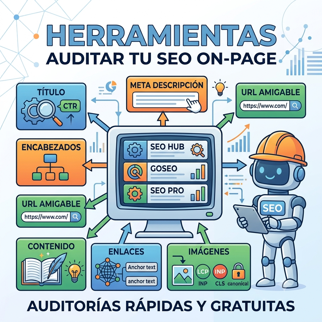 Infografía con herramientas para auditar tu SEO On-Page: SEO HUB, GoSEO y SEO Pro. Muestra los elementos clave a revisar como título (CTR), meta descripción, URL amigable, contenido, enlaces con anchor text, imágenes optimizadas, y métricas técnicas como LCP, INP, CLS y canonical. Auditorías rápidas y gratuitas desde el navegador..