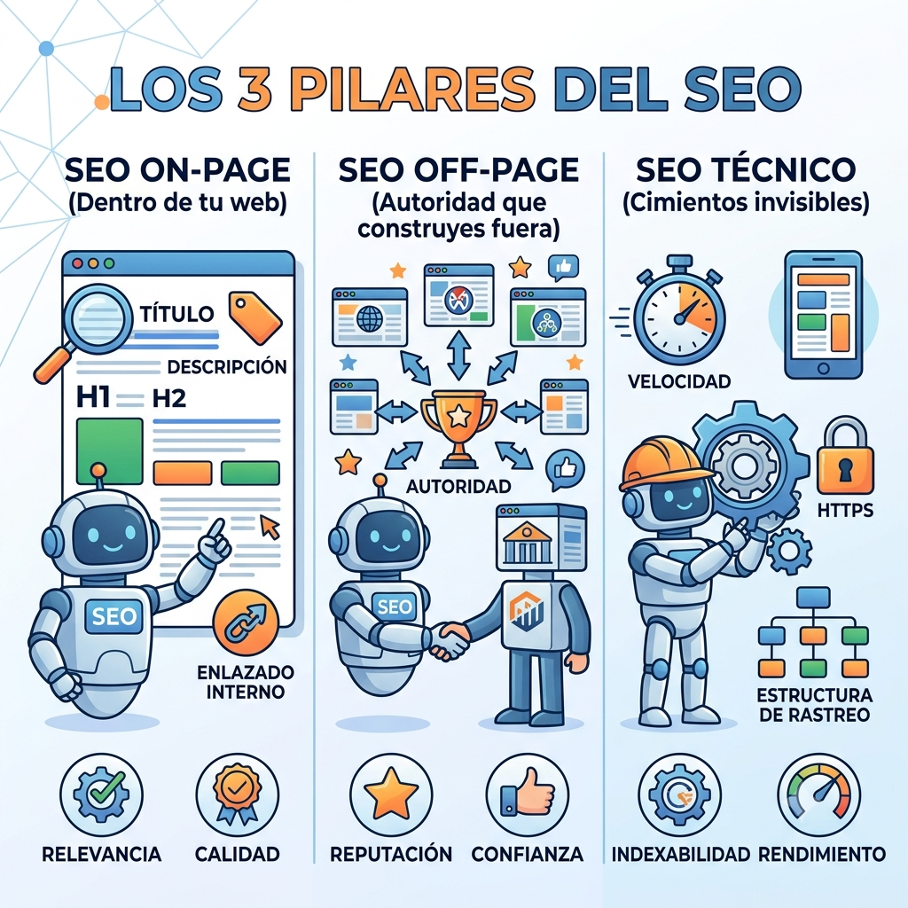 Infografía que muestra los 3 pilares del SEO: SEO On-Page (dentro de tu web) con elementos como título, descripción, H1, H2, autoridad, enlazado interno, relevancia, calidad, reputación, confianza, indexabilidad y rendimiento; SEO Off-Page (autoridad que construyes fuera) con los mismos elementos; y SEO Técnico (cimientos invisibles) con velocidad, HTTPS y estructura de rastreo.