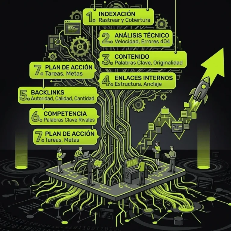 The 7 steps of a comprehensive SEO audit: indexing, technical analysis, content, internal links, backlinks, competition and action plan