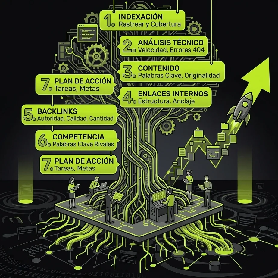 Los 7 pasos de una auditoría SEO completa: indexación, análisis técnico, contenido, enlaces internos, backlinks, competencia y plan de acción