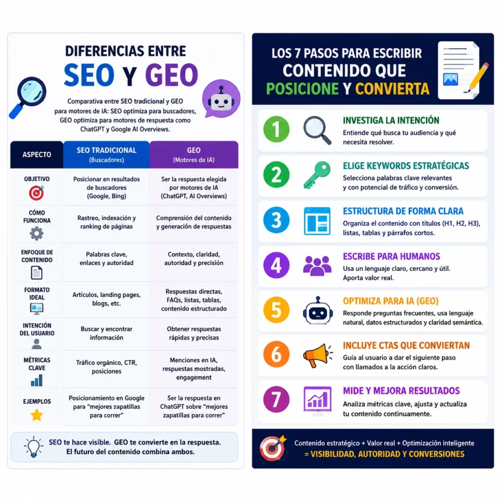 Los 7 pasos para escribir contenido SEO y GEO: investiga intención, elige keywords, estructura clara, escribe para humanos, optimiza para IA, incluye CTAs y mide resultados