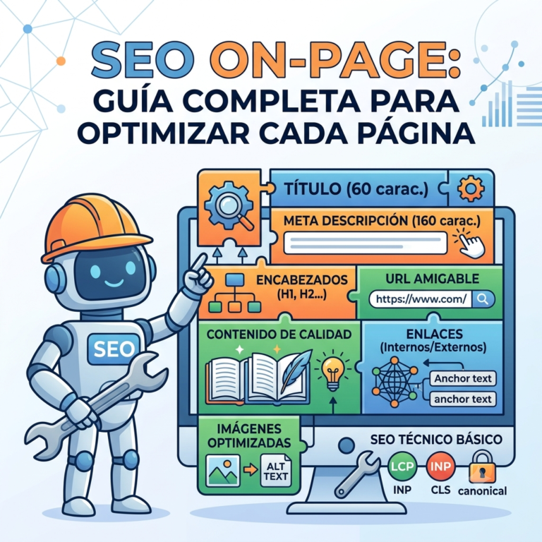 On-page SEO complete guide infographic showing the key elements to optimize every page: title (60 characters), meta description (160 characters), H1 and H2 headings, friendly URL, quality content, internal and external links with anchor text, images optimized with alt text, and basic technical SEO with LCP, INP, CLS, and canonicals.