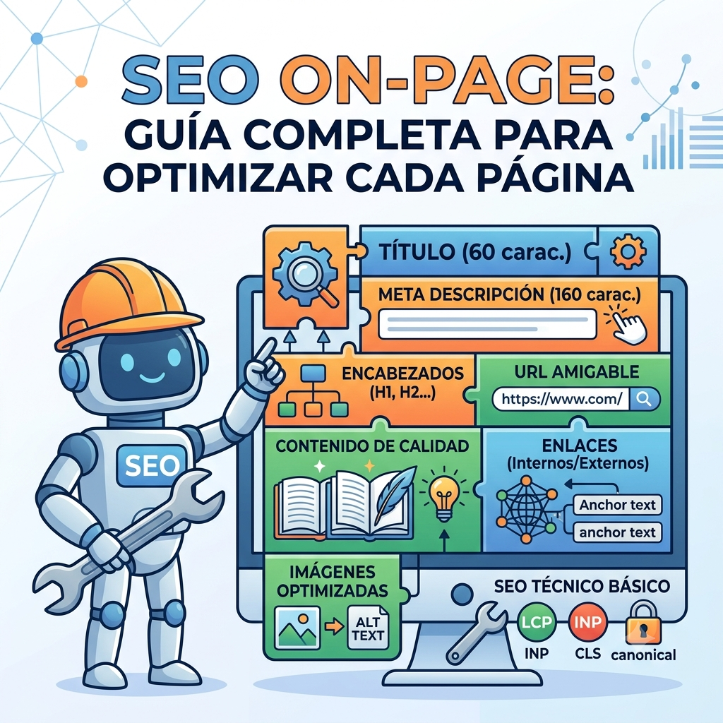 Infografía de la guía completa de SEO On-Page que muestra los elementos clave para optimizar cada página: título (60 caracteres), meta descripción (160 caracteres), encabezados H1 y H2, URL amigable, contenido de calidad, enlaces internos y externos con anchor text, imágenes optimizadas con alt text, y SEO técnico básico con LCP, INP, CLS y canonical.