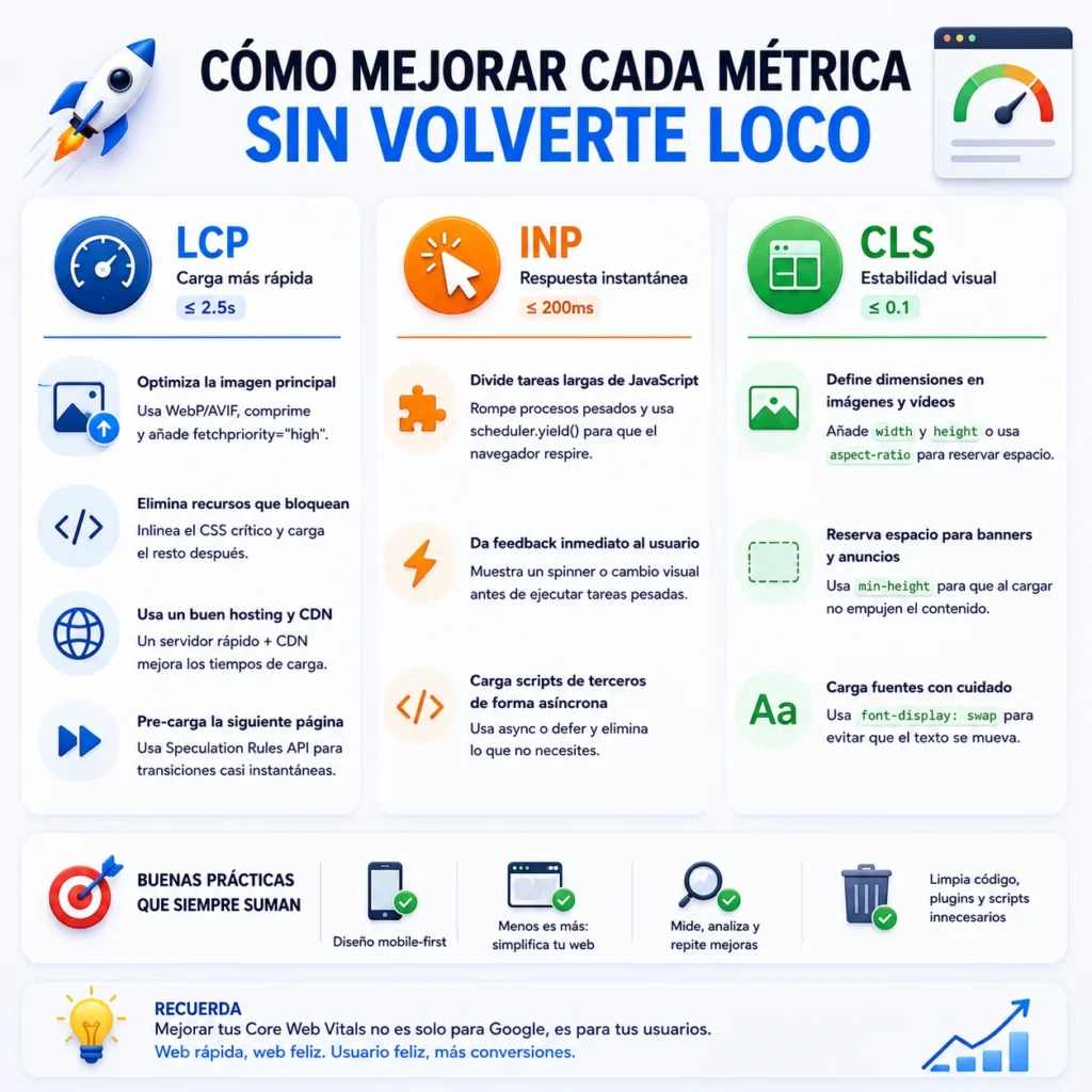 Ilustración con estrategias para mejorar los Core Web Vitals optimizando LCP, INP y CLS para conseguir una web más rápida, estable e interactiva.