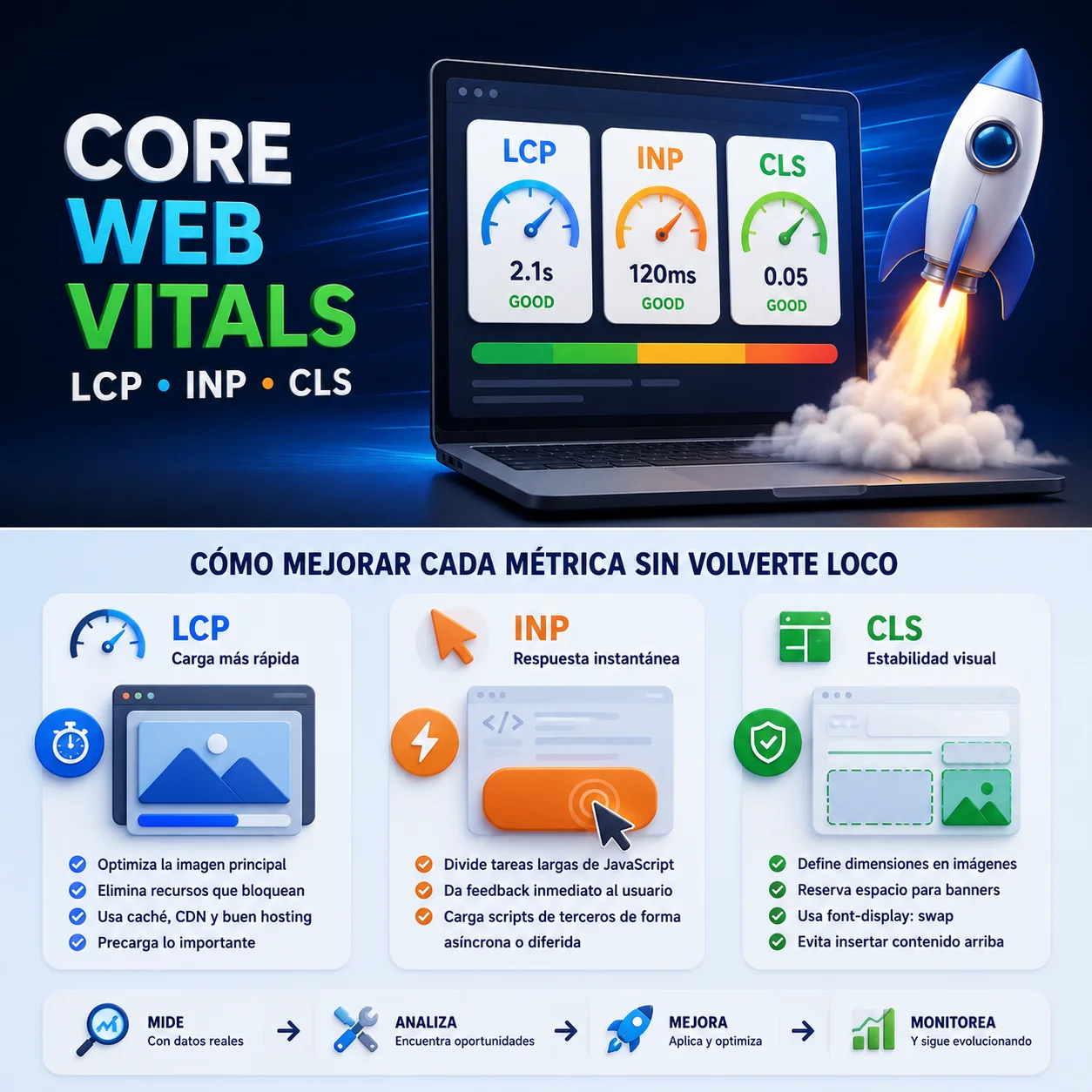 Ilustración de los Core Web Vitals con las métricas LCP, INP y CLS para optimizar el rendimiento y la experiencia de usuario de una página web.