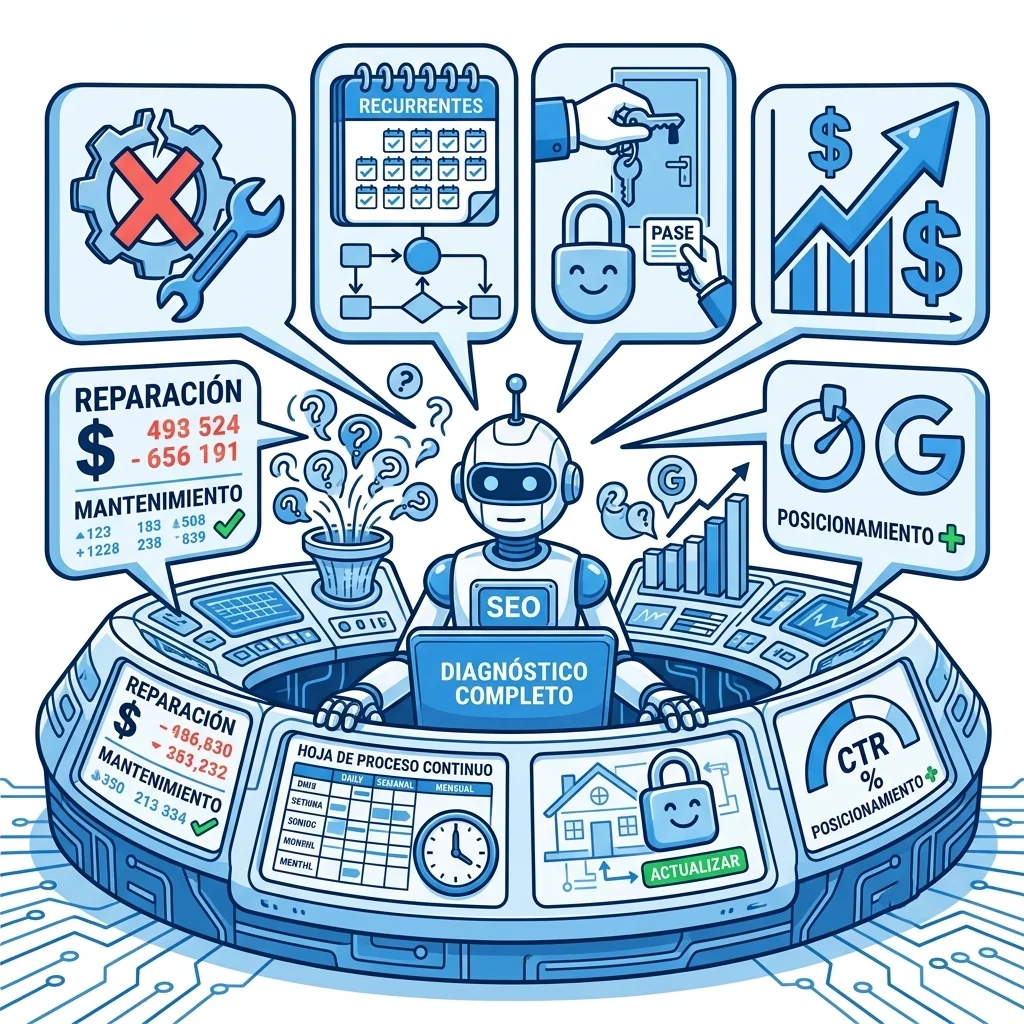 Ilustración detallada en tonos azules sobre fondo blanco que representa un centro de diagnóstico avanzado con un robot de SEO en la consola central. La imagen muestra metáforas visuales de las cuatro preguntas frecuentes: reparación vs mantenimiento con costos, proceso continuo con un calendario y reloj, seguridad con un candado sobre una casa, y posicionamiento SEO con un gráfico ascendente y un cohete.