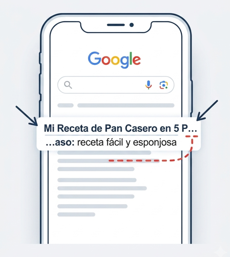 Resultado en Google con meta title "Pan casero en 5 pasos: receta fácil y esponjosa" y meta descripción optimizada para aumentar el CTR