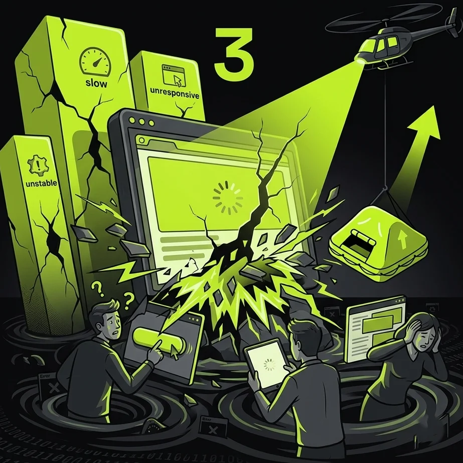 Ilustración digital en tonos negros y verdes que representa fallos en la experiencia de usuario (UX) y Core Web Vitals, mostrando pantallas web rotas, indicadores de carga lenta, inestabilidad visual y usuarios frustrados.