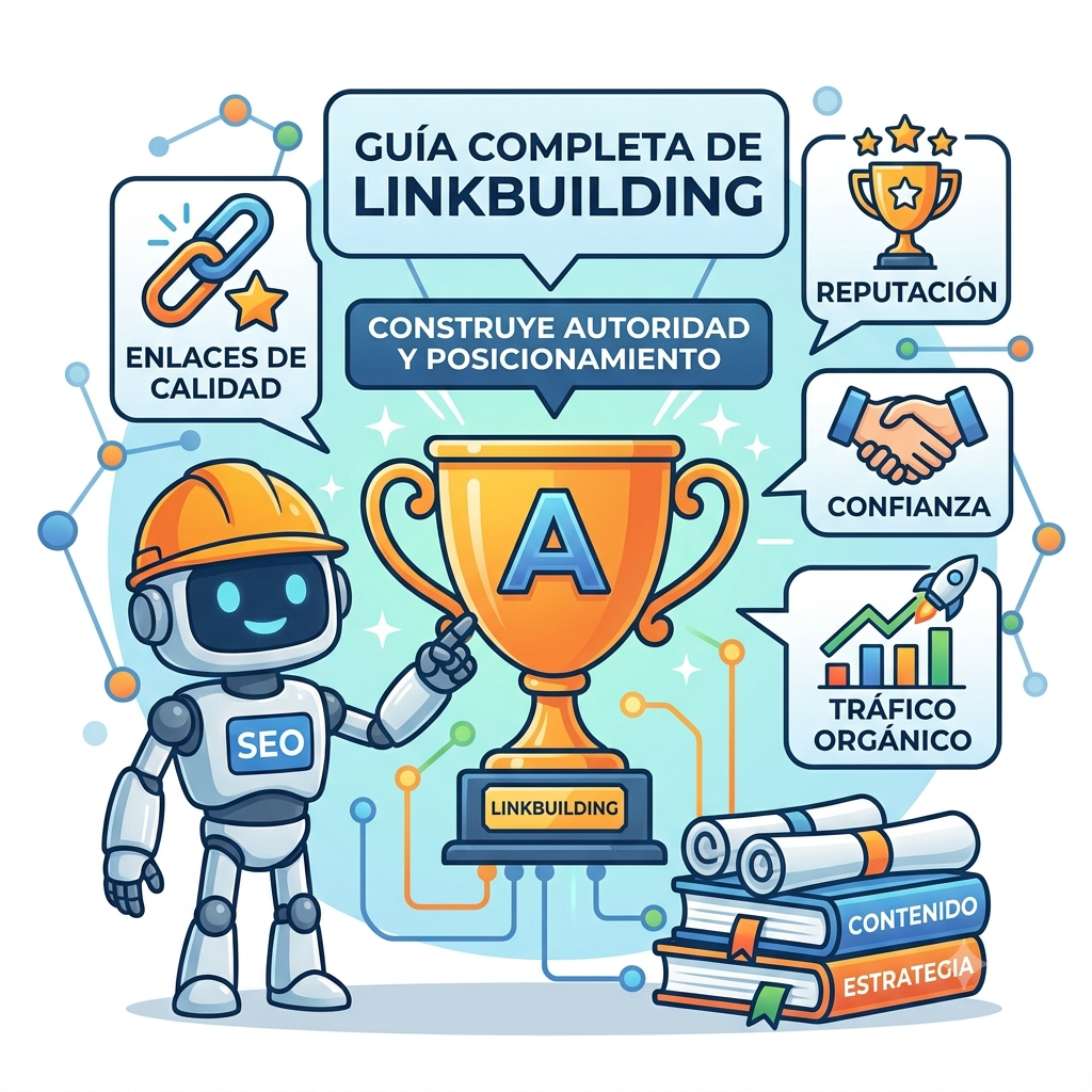 Guía completa de Link Building con los conceptos clave: construcción de autoridad, posicionamiento web, enlaces de calidad, confianza, tráfico orgánico y estrategia SEO. Infografía que resume los pilares del link building para ganar autoridad de dominio.