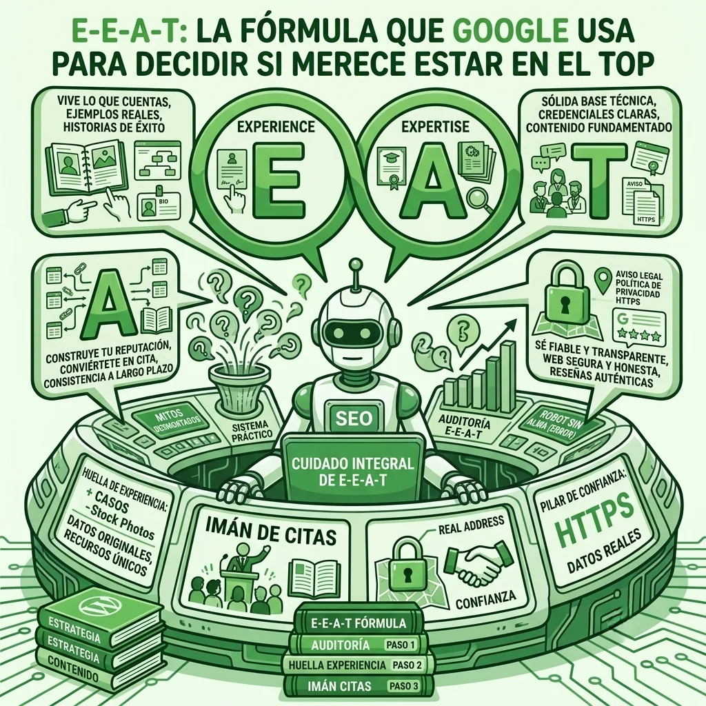 Infografía detallada en tonos verdes que representa la fórmula E-E-A-T de Google para SEO. En el centro aparece un robot gestionando un panel de control rodeado de iconos y secciones que explican la Experiencia, Pericia, Autoridad y Confianza mediante metáforas de seguridad, gráficos de rendimiento y libros de estrategia.