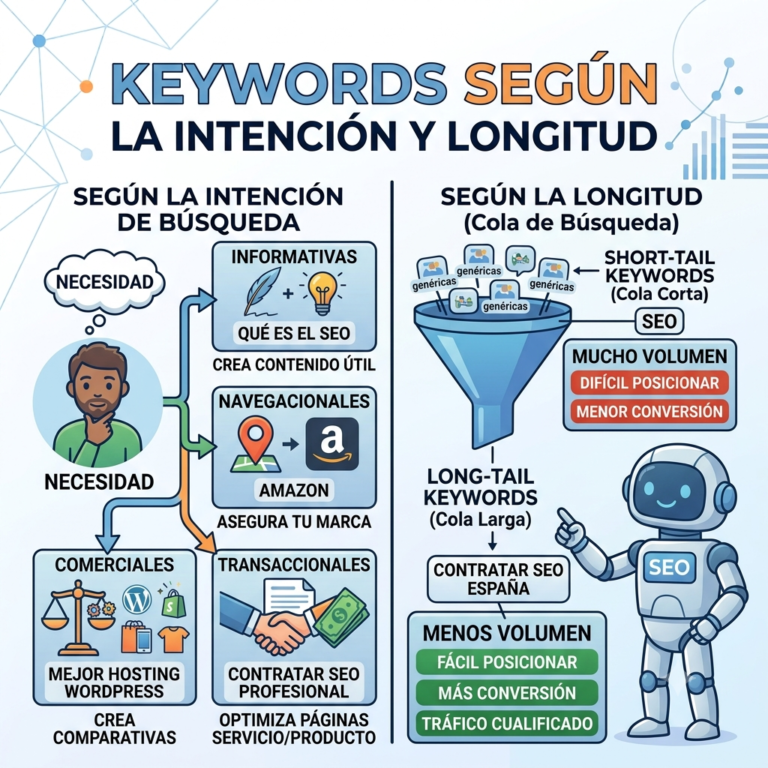 Infographic on keywords. Everything you need to know about keyword intent and keyword length.