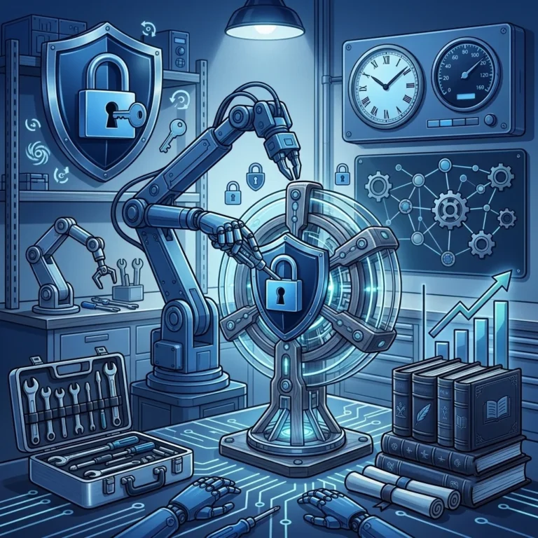 A detailed illustration in shades of light and dark blue depicting the technical maintenance of a website, showing a precision robotic workshop working on a central gear protected by a safety shield, surrounded by toolboxes, books and upward-trending performance graphs.