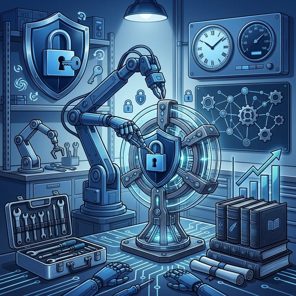 Ilustración detallada en tonos azules claros y oscuros que representa el mantenimiento técnico de una web, mostrando un taller robótico de precisión trabajando sobre un engranaje central protegido por un escudo de seguridad, rodeado de cajas de herramientas, libros y gráficos de rendimiento ascendentes.