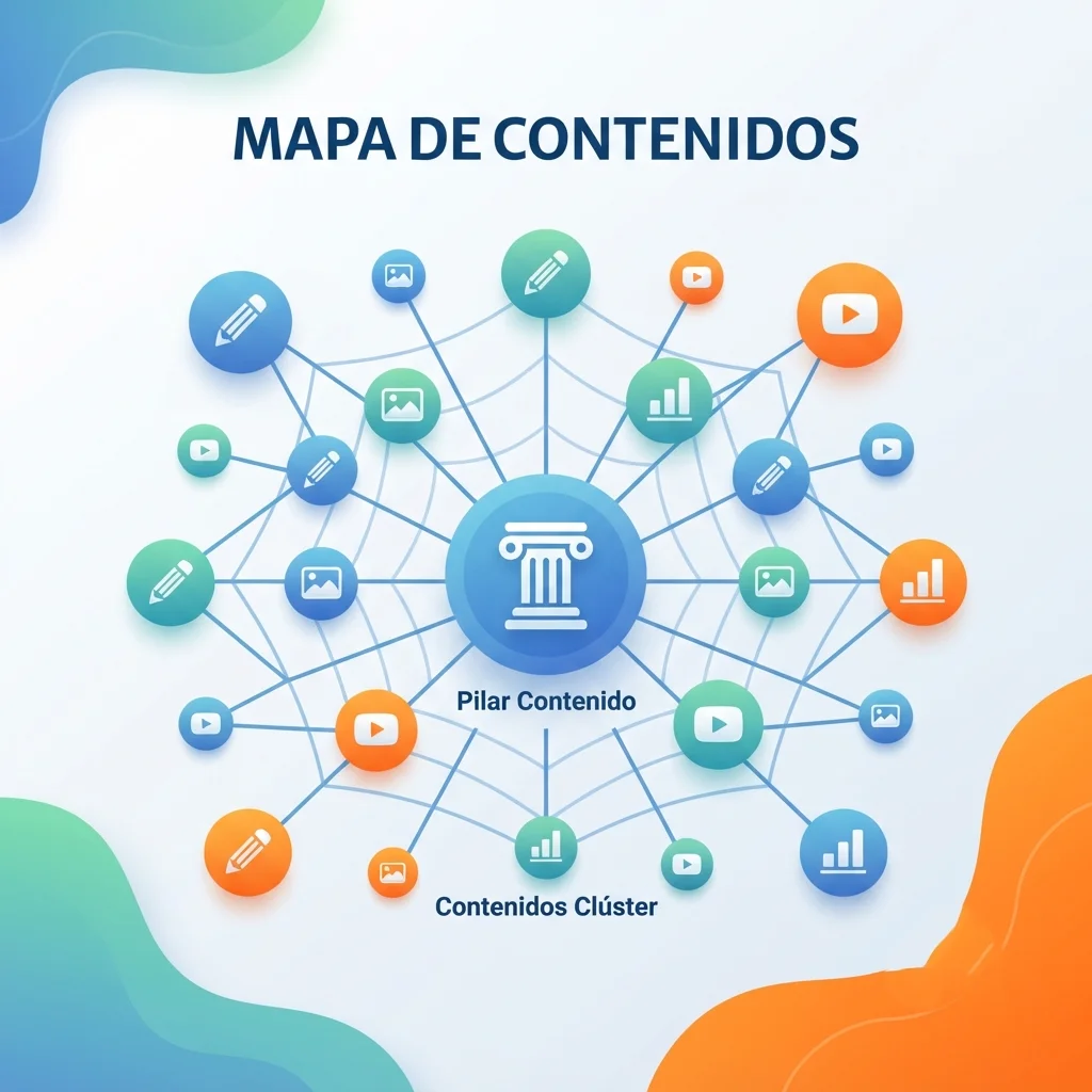 Mapa de contenidos SEO con estructura de pilares y clústeres para organizar tu blog