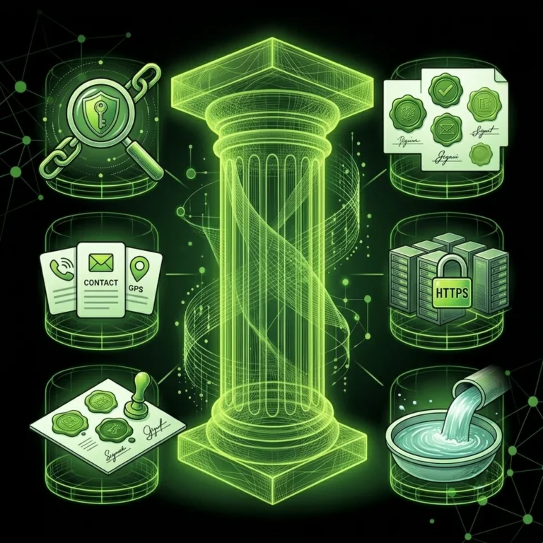A square-format illustration in a technological style, featuring bright green tones against a dark background. In the centre stands a large, luminous classical column with a wireframe structure, representing the pillar of trust. Arranged around it are six floating icons featuring security elements.