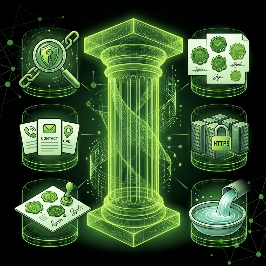 Ilustración en formato cuadrado con un estilo tecnológico en tonos verdes brillantes sobre fondo oscuro. En el centro destaca una gran columna clásica luminosa de estructura alámbrica que representa el pilar de la confianza. A su alrededor se organizan seis iconos flotantes con elementos de seguridad.