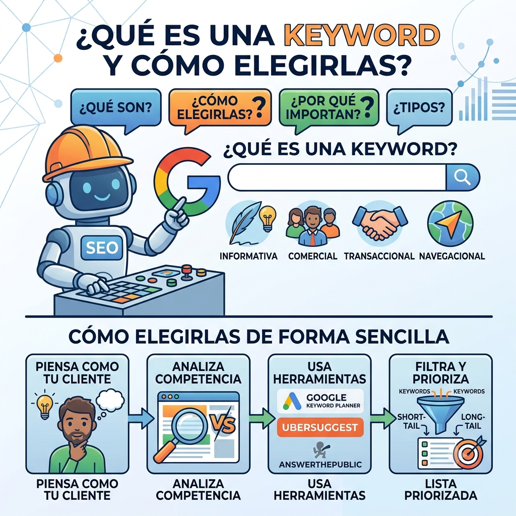 Infografía sobre qué es una keyword, tipos según intención (informativa, comercial, transaccional, navegacional) y proceso de elección en 4 pasos: pensar como cliente, analizar competencia, usar herramientas y filtrar.