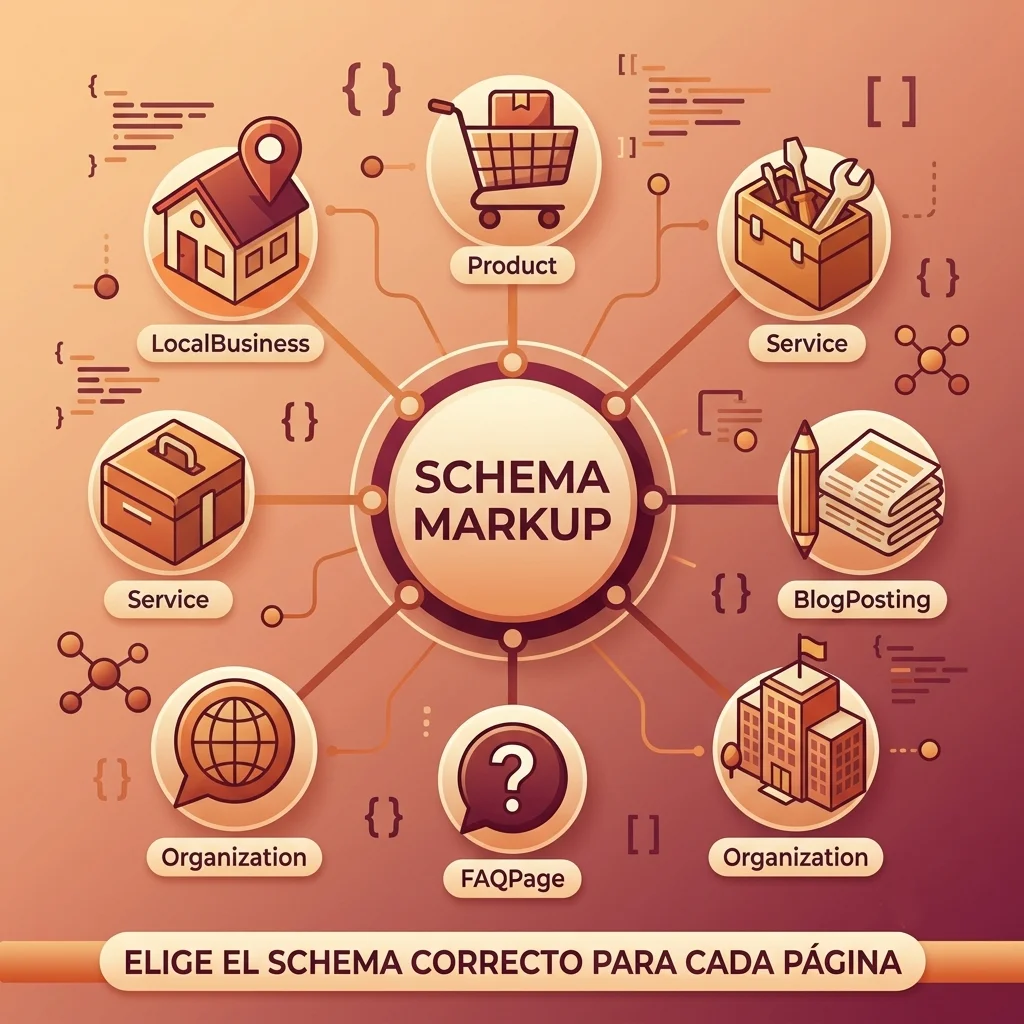Diagrama de los tipos de schema markup según cada página: LocalBusiness, Product, Service, BlogPosting, FAQPage y Organization, con conexiones entre ellos