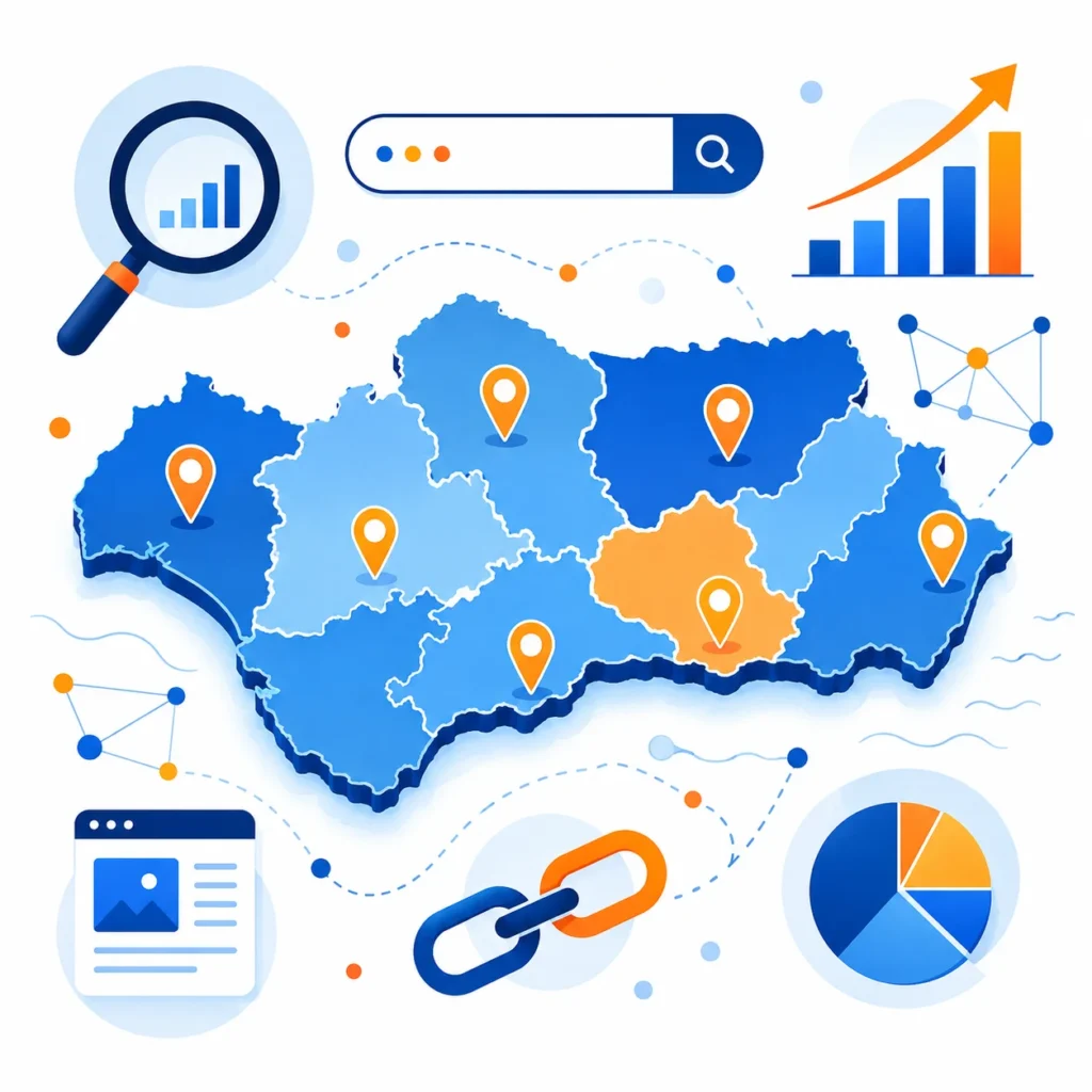 Mapa de Andalucía con iconos de SEO representando agencias de posicionamiento web por provincia