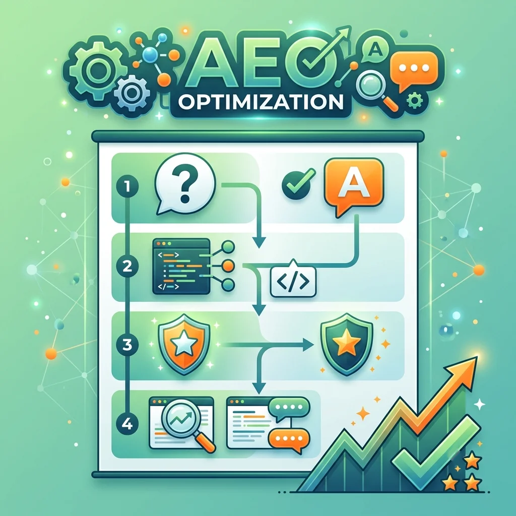 Infografía con los pasos clave para optimizar contenido para Answer Engine Optimization: formato pregunta-respuesta, datos estructurados, autoridad y confianza
