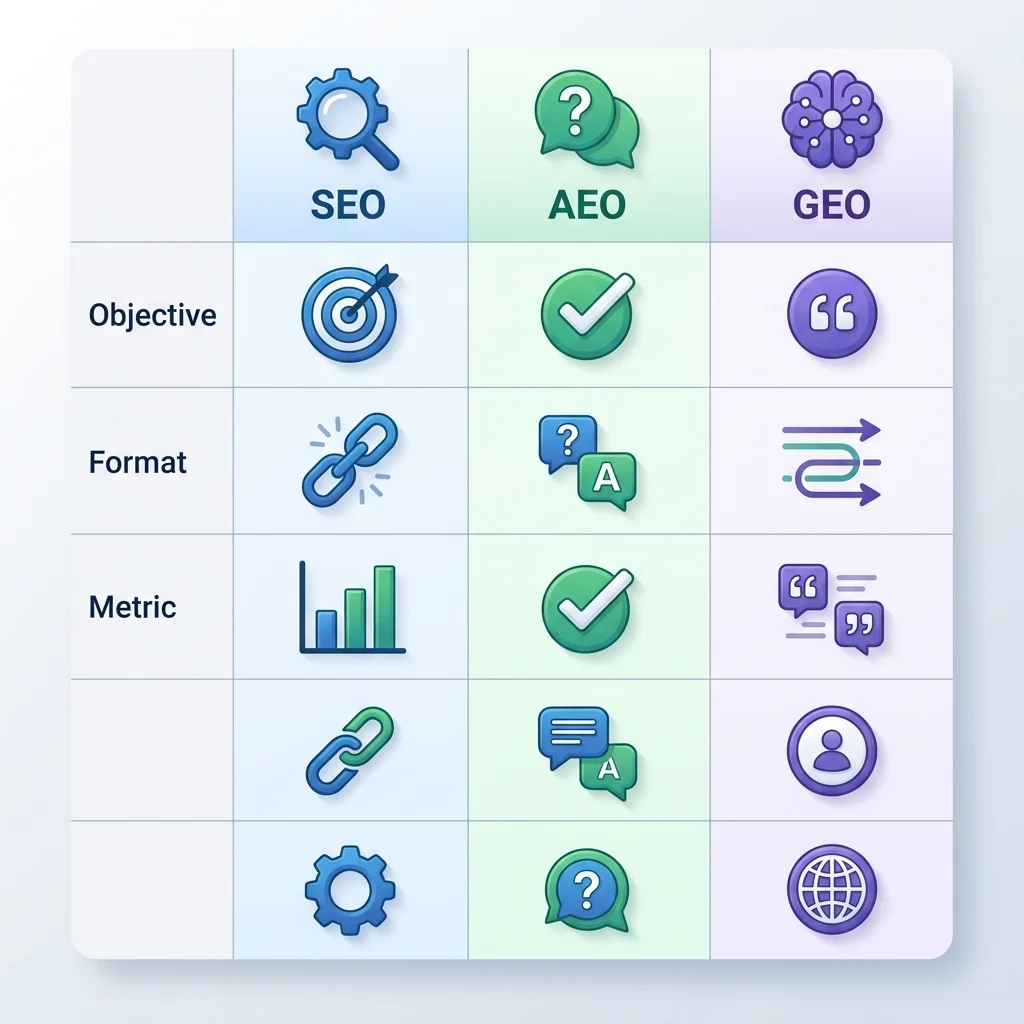 Infografía comparativa con iconos que representan las diferencias clave entre SEO, AEO y GEO: objetivos, formatos y métricas de éxito