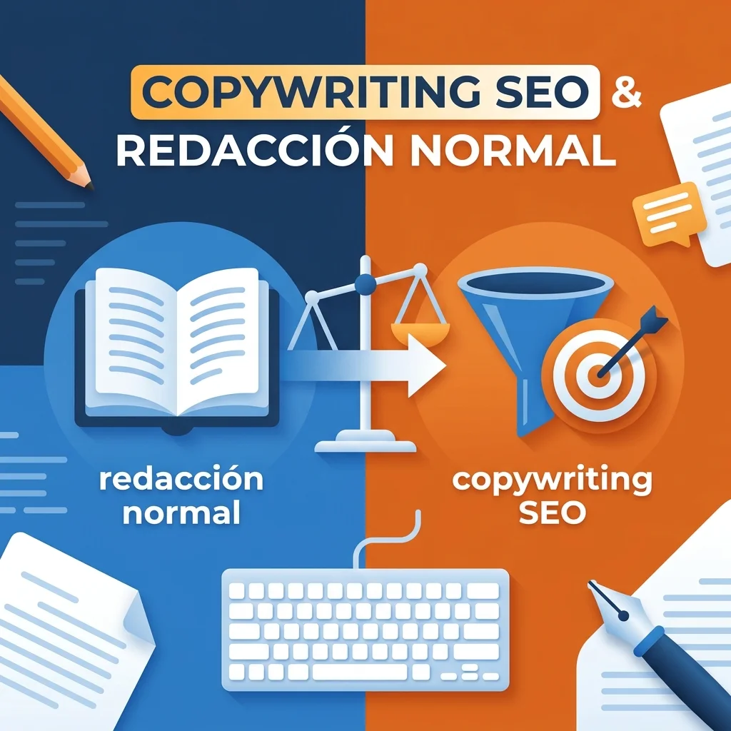 Infografía comparativa entre copywriting SEO y redacción normal: diferencias en objetivo, lenguaje y enfoque para posicionar y vender