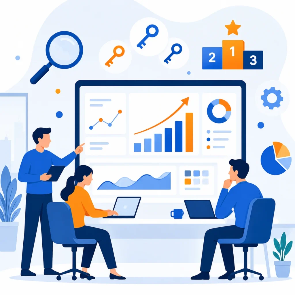 Equipo de una agencia SEO analizando datos de posicionamiento web y palabras clave