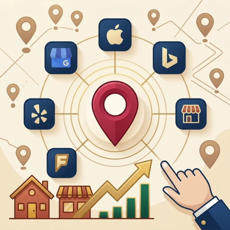 A digital illustration featuring a large red map pin in the centre, surrounded by icons for local directories such as Google Business Profile, Apple Maps, Bing Places, Yelp and Foursquare, all connected by lines pointing towards the central pin, set against a background with a map pattern, conveying the idea of connection and local visibility