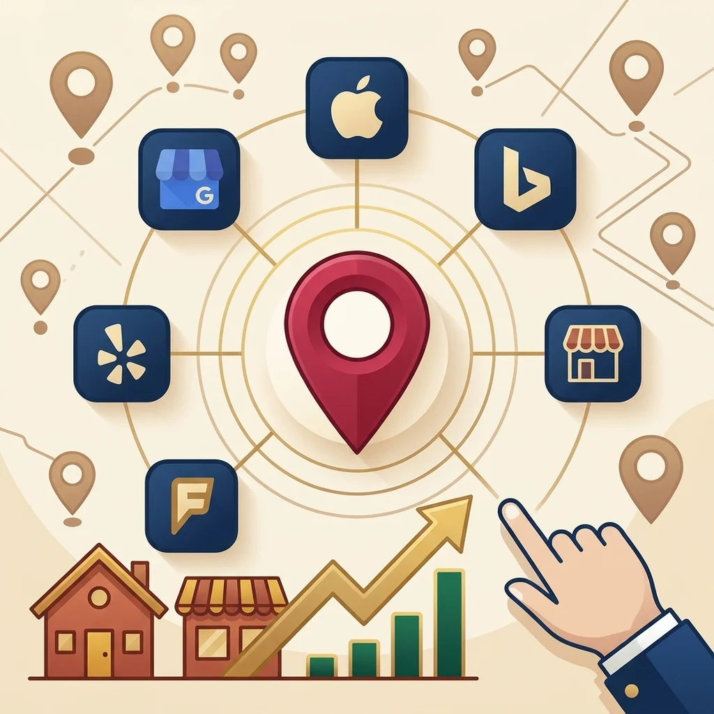 Ilustración digital con un gran marcador de mapa rojo en el centro rodeado de iconos de directorios locales como Google Business Profile, Apple Maps, Bing Places, Yelp y Foursquare, todos conectados mediante líneas que apuntan al marcador central, sobre un fondo con un patrón de mapa, transmitiendo la idea de conexión y visibilidad local
