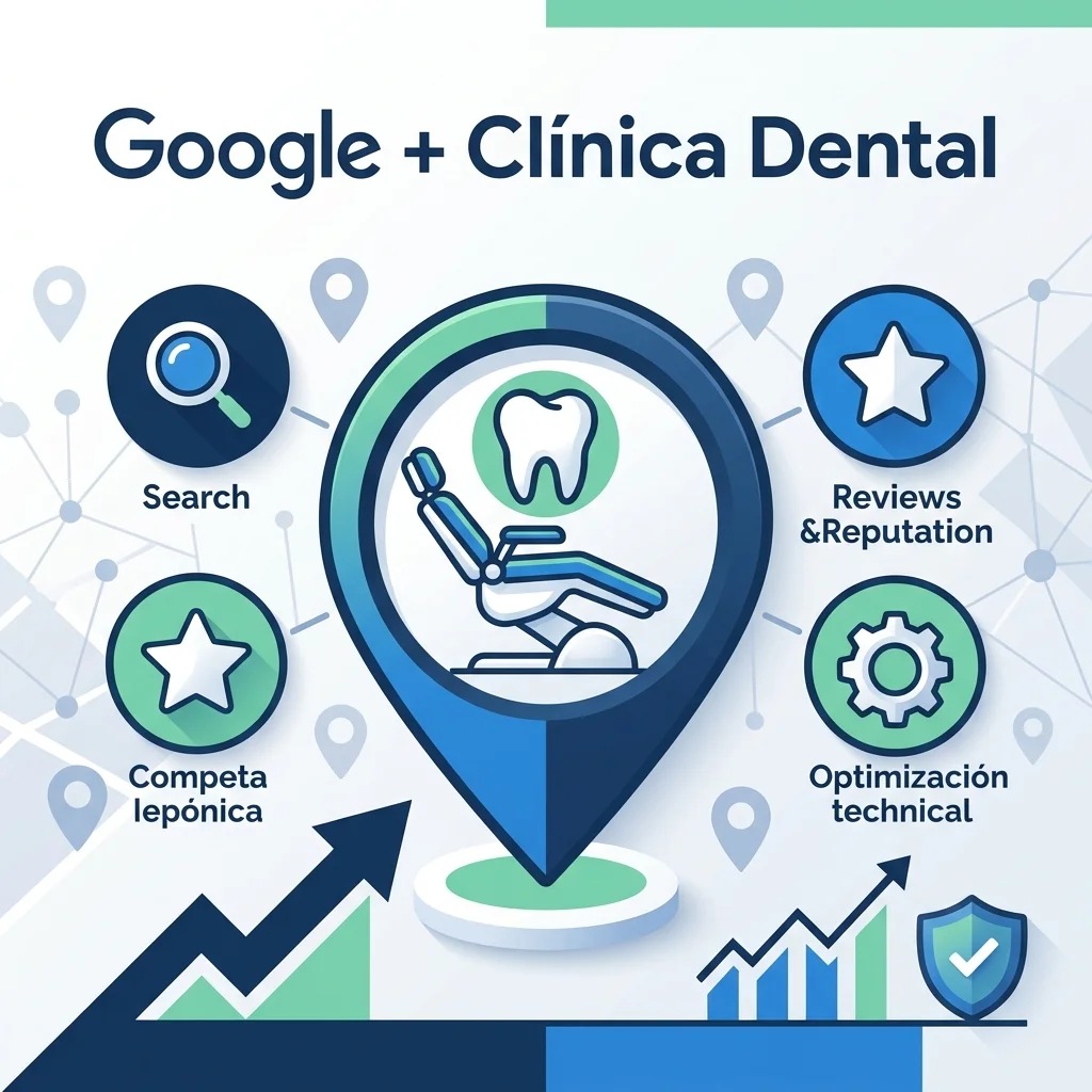Infografía con el texto Google más Clínica Dental sobre cómo posicionar tu web de clínica dental en Google para atraer más pacientes con SEO local