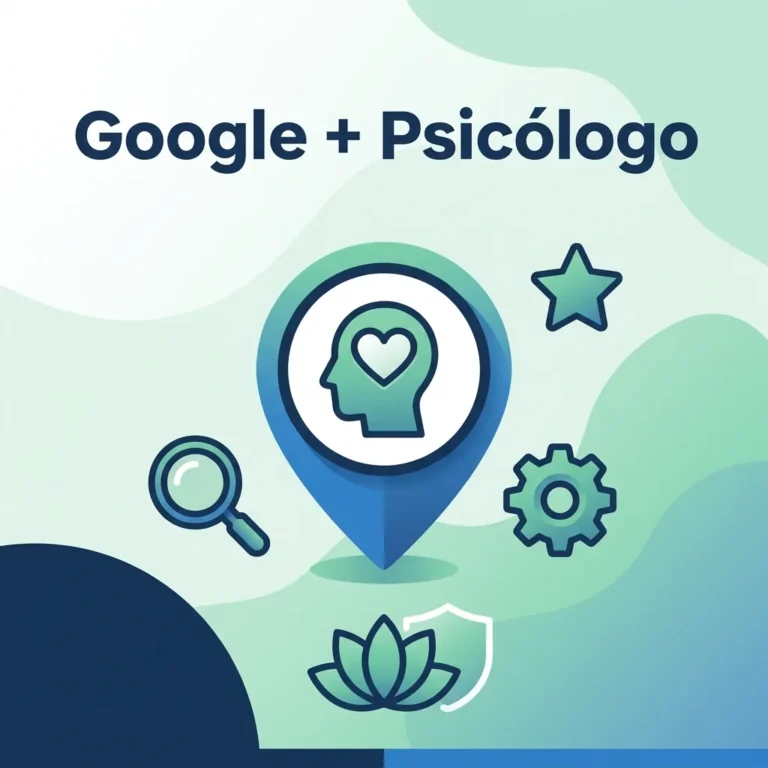 Infographic featuring the text ‘Google más Psicólogo’ on how to rank your psychology website on Google to attract more patients using local SEO