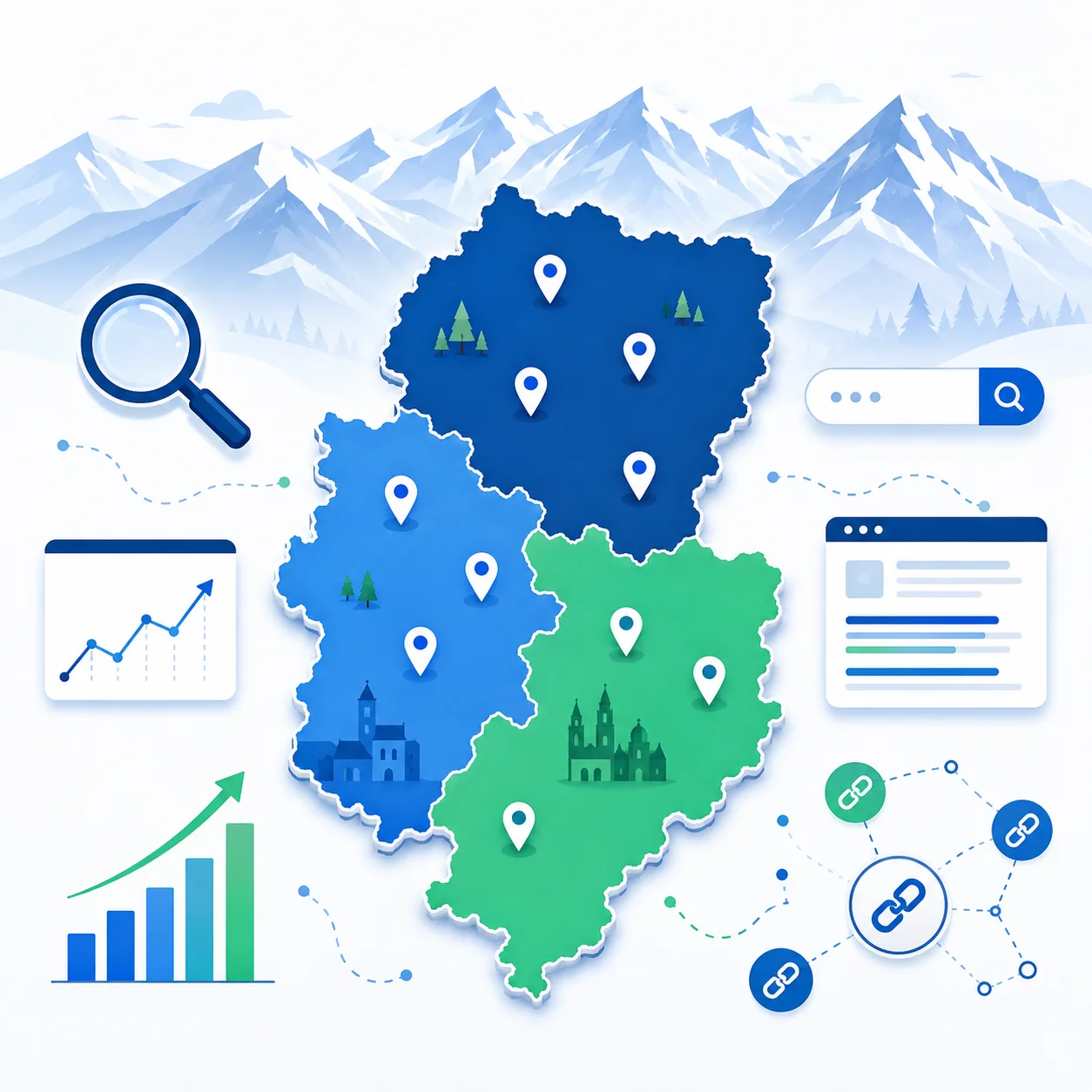 Mapa de Aragón con iconos de SEO representando agencias de posicionamiento web por provincia