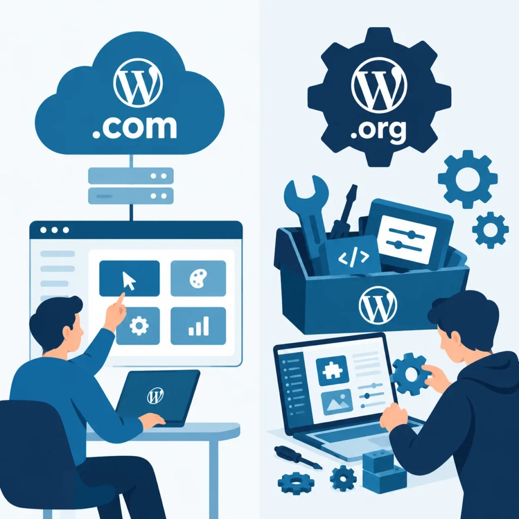 Comparativa visual entre WordPress.com y WordPress.org: plataforma alojada vs software de código abierto autoalojado