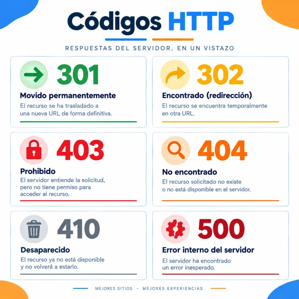 Infografía de códigos de estado HTTP mostrando 301 redirección permanente, 302 temporal, 403 prohibido, 404 no encontrado, 410 eliminado y 500 error del servidor, con íconos y descripciones breves.