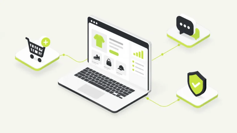 Alt text: E-commerce dashboard showing a shopping cart, AI chatbot bubble and legal compliance shield on a clean off-white background