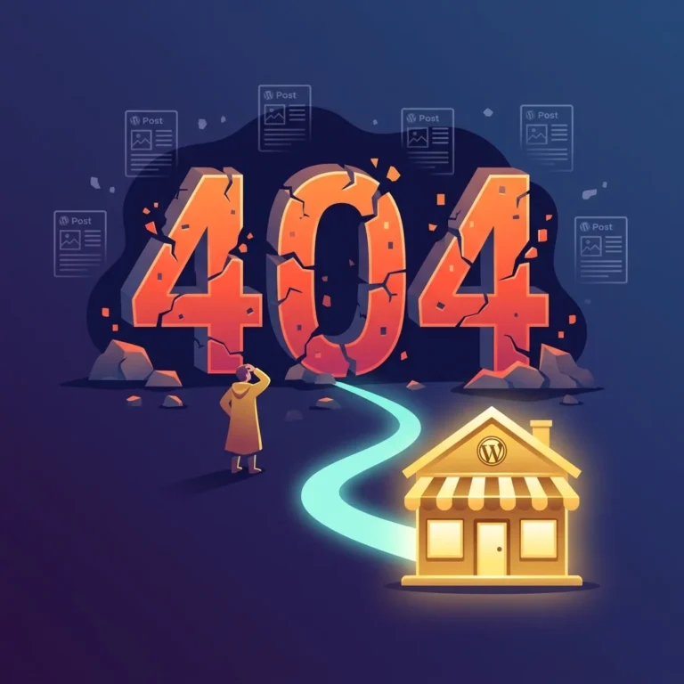Conceptual illustration of a 404 Not Found error in WordPress, featuring broken floating pages and a lit-up house representing the homepage.