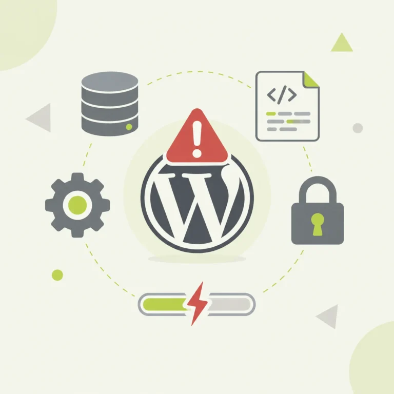 Error establishing a connection to the database in WordPress: WordPress icons, database, wp-config.php and server with a warning symbol