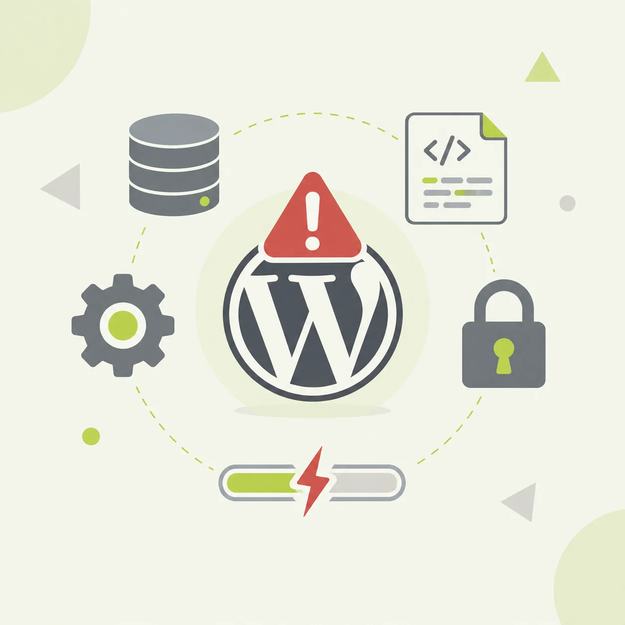 Error establishing a connection to the database in WordPress: WordPress icons, database, wp-config.php and server with a warning symbol